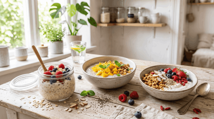 Nocna owsianka, pudding chia i jogurt z granolą jako śniadania na zimno