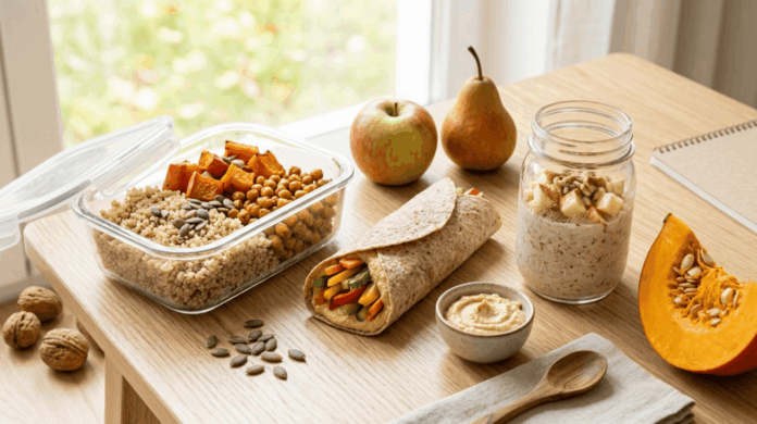 Jesienny meal prep z owsianką, kaszą, dynią i wrapem przygotowany na trzy dni