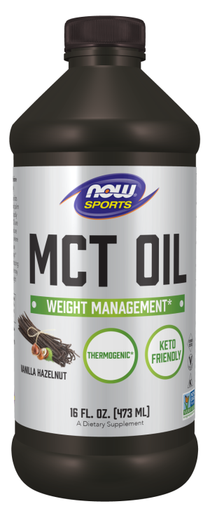 MCT oil, triglycerides of medium-chain fatty acids, vanilla and hazelnut flavor 473 ml Now Foods Now Sports