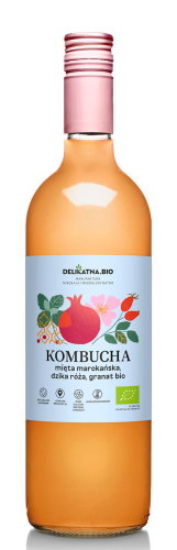 KOMBUCHA MIĘTA MAROKAŃSKA, DZIKA RÓŻA I GRANAT BIO 750 ml - DELIKATNA (ZAKWASOWNIA)