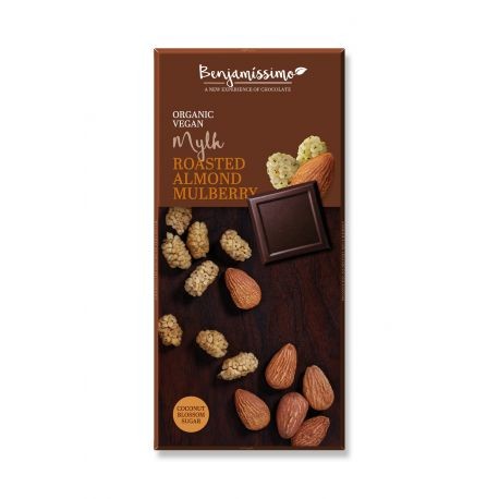 Glutenvrije vegan chocolade met geroosterde amandelen en moerbei BIO 70 g Benjamissimo