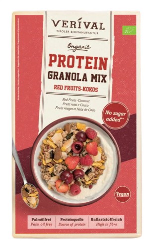 GRANOLA PROTEINOWA Z OWOCAMI CZERWONYMI I KOKOSEM BEZ DODATKU CUKRÓW BIO 300 g - VERIVAL