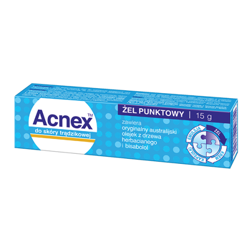 Acnex żel punktowy zawiera olejek z drzewa herbacianego + bisabolol 15g Farmina
