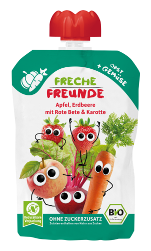 MUS JABŁKO - TRUSKAWKA - BURAK - MARCHEW BEZ DODATKU CUKRÓW BEZGLUTENOWY OD 8 MIESIĄCA BIO 100 g - FRECHE FREUNDE