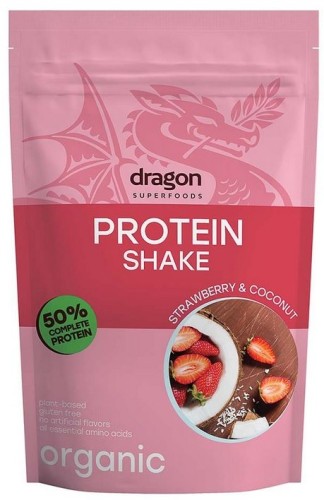 Shake proteinowy truskawka i kokos, 50% białka z amino kwasami, z erytrytolem, bezglutenowy BIO 450 g DRAGON SUPERFOODS