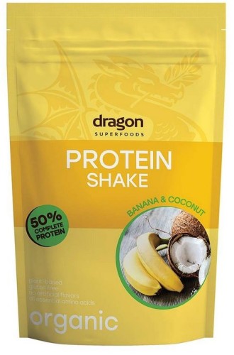 Shake proteinowy banan i kokos, 50% białka z amino kwasami, z erytrytolem, bezglutenowy BIO 450 g DRAGON SUPERFOODS