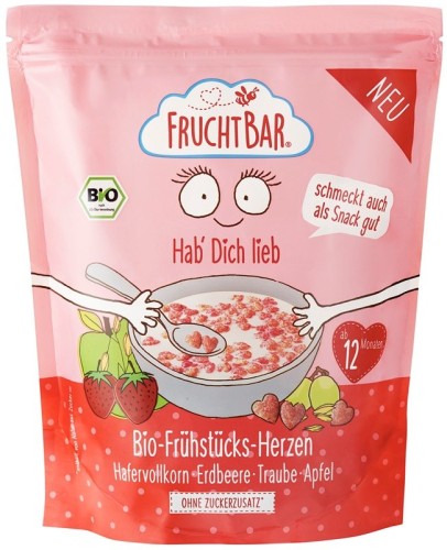 Śniadaniowe chrupki owsiane pełnoziarniste z truskawkami, winogronami i jabłkiem powyżej po 12 miesiącu BIO 125 g FRUCHTBAR