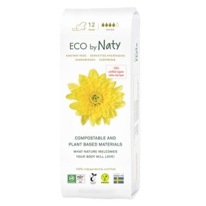 Ekologiczne podpaski ze skrzydełkami, kompostowalne, Super, 12 sztuk ECO BY NATY