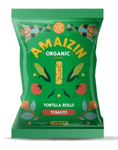 CHIPSY KUKURYDZIANE ROLLS O SMAKU POMIDOROWYM BEZGLUTENOWE BIO 100 g - AMAIZIN DATA: 11-2026