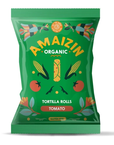 CHIPSY KUKURYDZIANE ROLLS O SMAKU POMIDOROWYM BEZGLUTENOWE BIO 100 g - AMAIZIN DATA: 11-2026