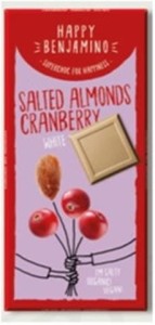 Gluten-free white vegan chocolate with salted almonds and cranberries BIO 70 g Happy Benjamino