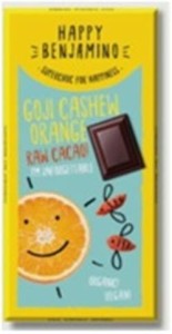 Vegan chocolate with goji berries cashews and orange oil gluten-free RAW BIO 25 g Happy Benjamino