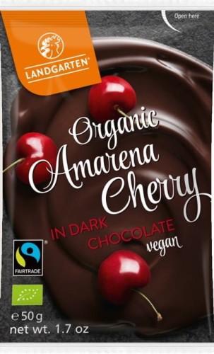 AMARENA CHERRIES LYOPHILIZED IN BITTER CHOCOLATE  FAIR TRADE BEZGLUTENOWE BIO 50 g - LANDGARTEN