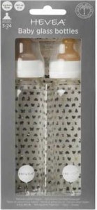 WHITE GLASS BOTTLE WITH RUBBER PACIFIER 3 - 24 months 240 ml (2 pcs) - HEVEA