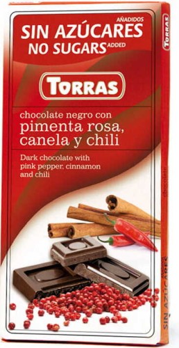 Pure chocolade met roze peper, kaneel en chili zonder toegevoegde suiker 75g TORRAS