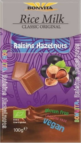 Gluten-free chocolate with raisins and nuts without gluten (on a rice drink) BIO 100 g - BONVITA