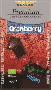 DARK PREMIUM CHOCOLATE 71% WITH CRANBERRY LACTOSE-FREE GLUTEN-FREE BIO 100 g - BONVITA