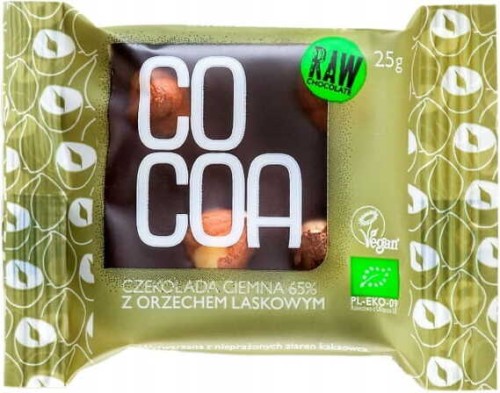 PURE CHOCOLADE 65% MET BIO HAZELNOTEN 25 g - CACAO