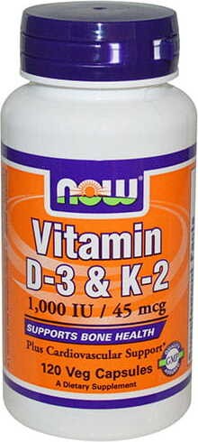 Witamina D-3 + K-2 ( 1000 IU/45 mcg ) 120 kapsułek NOW FOODS
