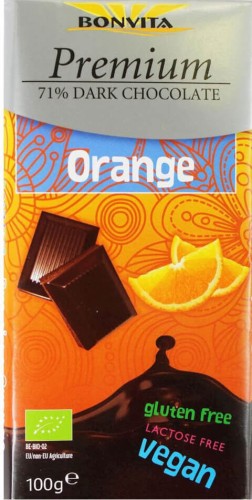 Premium 71% dark chocolate with pieces of orange without lactose, gluten-free (on a rice drink) BIO 100 g - Bonvita
