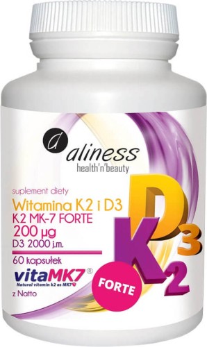 Vitamin K2 MK-7 FORTE with Natto 200 mcg i D3 2000 u.m. 60 capsules Aliness