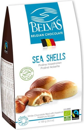 White belgian chocolates with nut filling Sea Shells gluten-free fair trade bio 100 g - Belvas