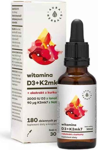 Vitamine D3 D-3 2000IU + K-2 K2MK7 + NovaSOL kurkuma extract druppels 30ml AURA HERBALS
