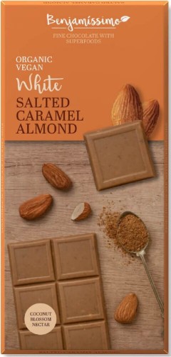 Vegan witte chocolade, zoute karamel met amandelen BIO glutenvrij 70 g Benjamissimo
