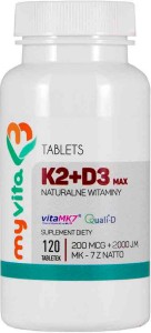 Vitamine K2 K-2 MK-7 K2MK7 MAX 200mcg + D3 D-3 2000IU 120 comprimés MyVita