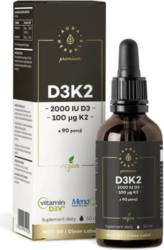 Vitamine D3 D-3 2000IU + K-2 K2MK7 100 mcg vloeistof 50 ml Aura Herbals Premium