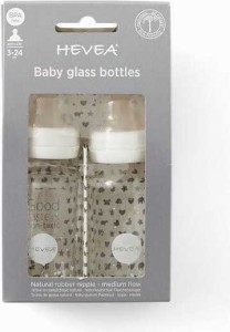 WHITE GLASS BOTTLE WITH A RUBBER TEAT 0-3 mc 120 ml (2 pcs) - HEVEA