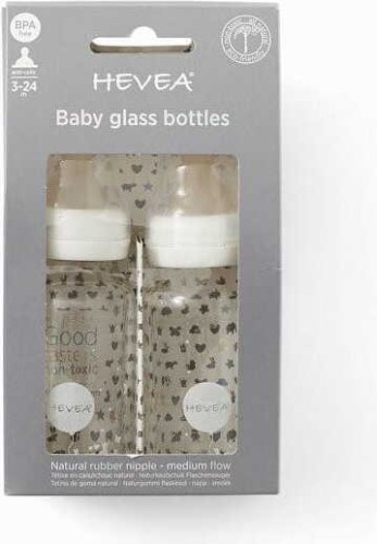 WHITE GLASS BOTTLE WITH A RUBBER TEAT 0-3 mc 120 ml (2 pcs) - HEVEA