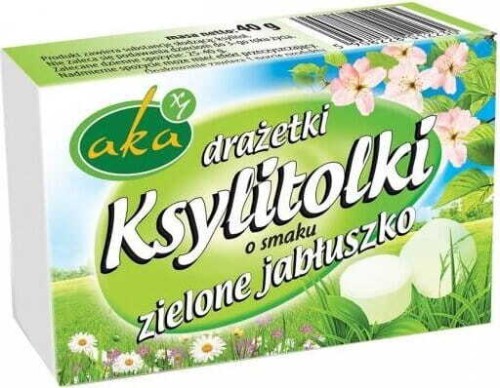 Dragees in poedervorm XYLITOLKI 0% suiker Groene appel 40g AKA