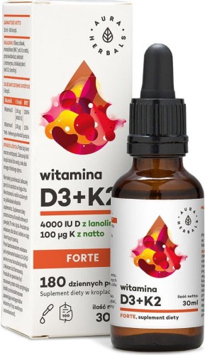 Vitamine D3 D-3 4000 IE uit lanoline + K-2 K2 MK7 100 mcg uit natto Forte vloeistof 30ml Aura Herbals