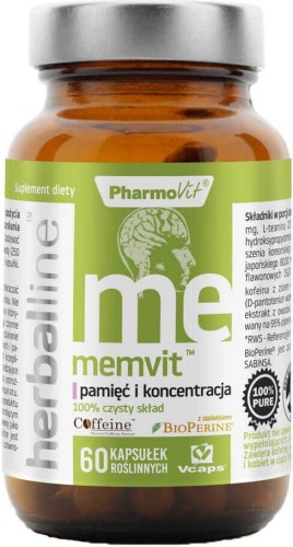 Memvit geheugen en concentratie door toevoeging van BioPerine en watervrije cafeïne 60 capsules Vcaps PharmoVit Herballine