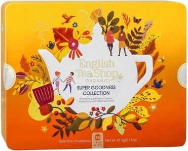 Een set Super Goodness Collection-theesoorten in een decoratief blik BIO 61,5 g English Tea Shop