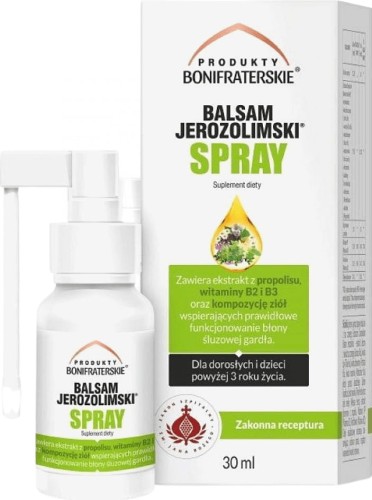 Balsam Jerozolimski spray Propolis witamina B2 B3 i kompozycja ziół 30 ml Produkty Bonifraterskie