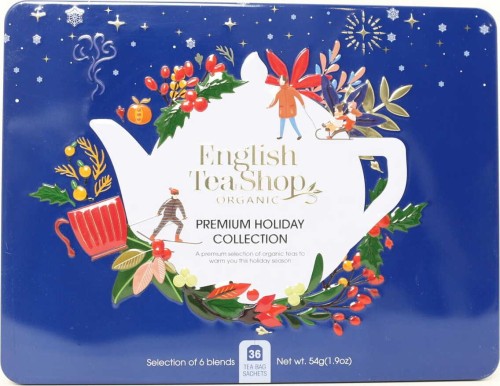 Een set Premium Holiday Collection theesoorten in een decoratief blauw BIO English Tea Shop blik