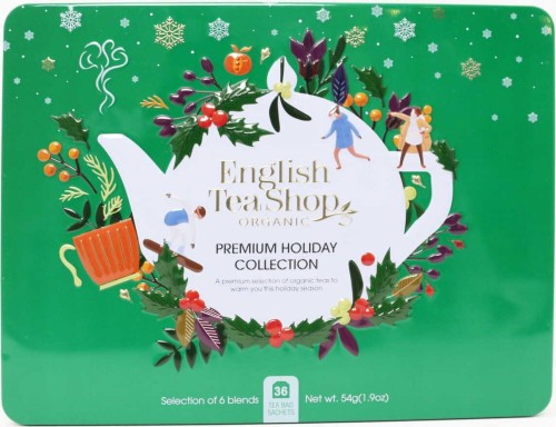 Een set Premium Holiday Collection theesoorten in een decoratief groen blikje BIO - English Tea Shop
