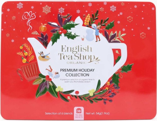 Een set Premium Holiday Collection-theesoorten in een decoratief rood blikje BIO 44 g English Tea Shop