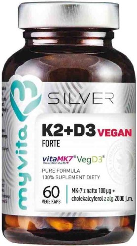 Vitamin K2 K-2 100 µg + D3 D-3 2000 IU Vegan Forte 60 capsules 33 g MyVita Silver Pure