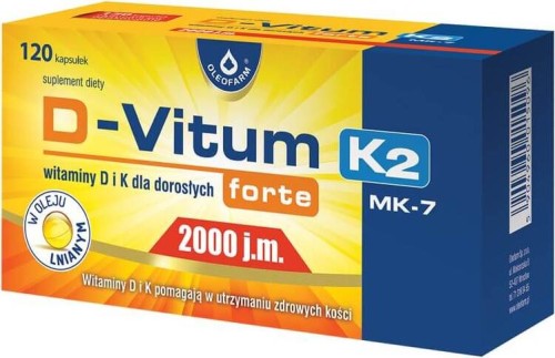 Vitamine K en D voor volwassenen D-Vitum forte D3 2000 IE natuurlijk K2 MK-7 75 mcg 120 capsules Oleofarm