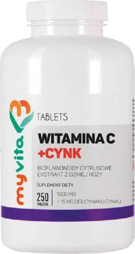 Witamina C + Cynk Bioflawonoidy cytrusowe ekstrakt z dzisiej róży 250 tabletek MyVita