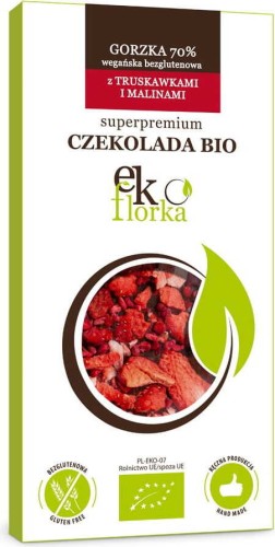 PREMIUM BITTER CHOCOLADE MET AARDBEIEN EN FRAMBOZEN GLUTENVRIJ BIO 85 g - EKOFLORKA