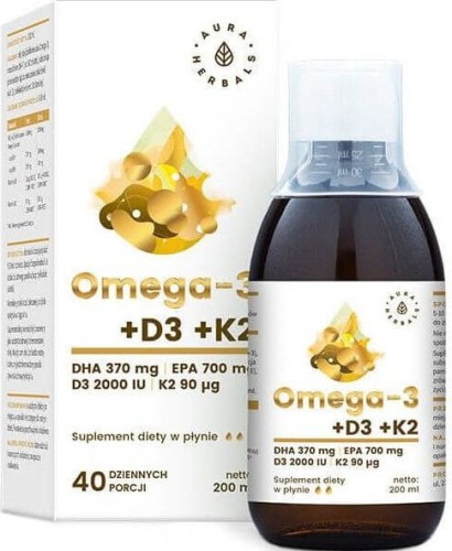 Omega-3 omega 3 370 DHA + D3 D-3 2000IU + K2 K-2MK7 90µg 200 ml AURA HERBALS
