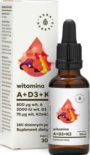 Vitamine A 800 µg + D3 2000 IE + K2 75 µg 180 porties 30 ml Aura Herbals