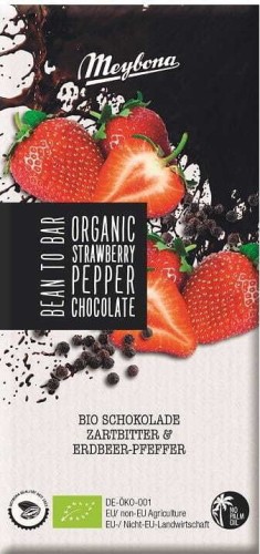 BITTER CHOCOLADE MET AARDBEIEN EN ZWARTE PEPER BIO 100 g - MEYBONA