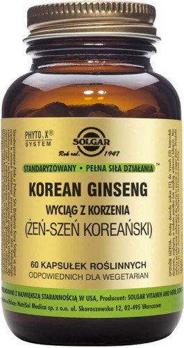 Żeń-szeń koreański standaryzowany wyciąg z korzenia Korean Ginsend 60 kapsułek Solgar
