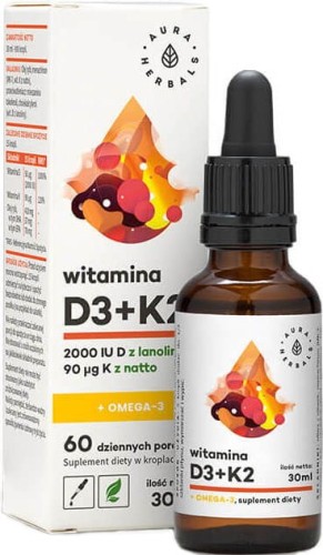 Vitamine D3 2000 IE + K2 90 µg + Omega-3 druppels 30 ml Aura Herbals