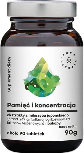 Mémoire et concentration extraits de ginkgo biloba et bacopa 90 comprimés 90g Aura Herbals